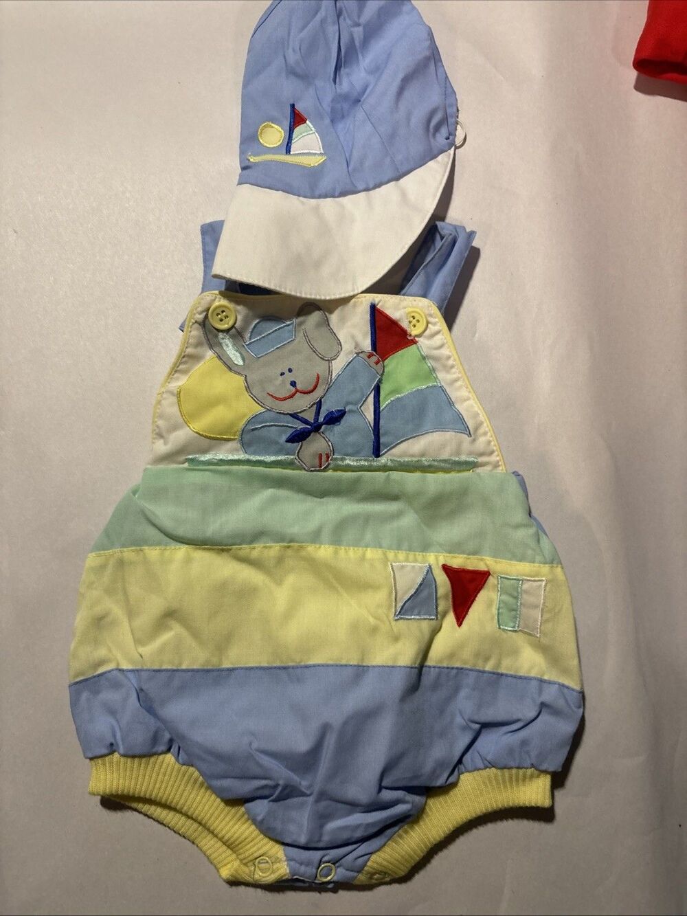 Vintage Hush Puppies Nautical Sailor Dog Baby Bubble Romper With Hat 3-6M
